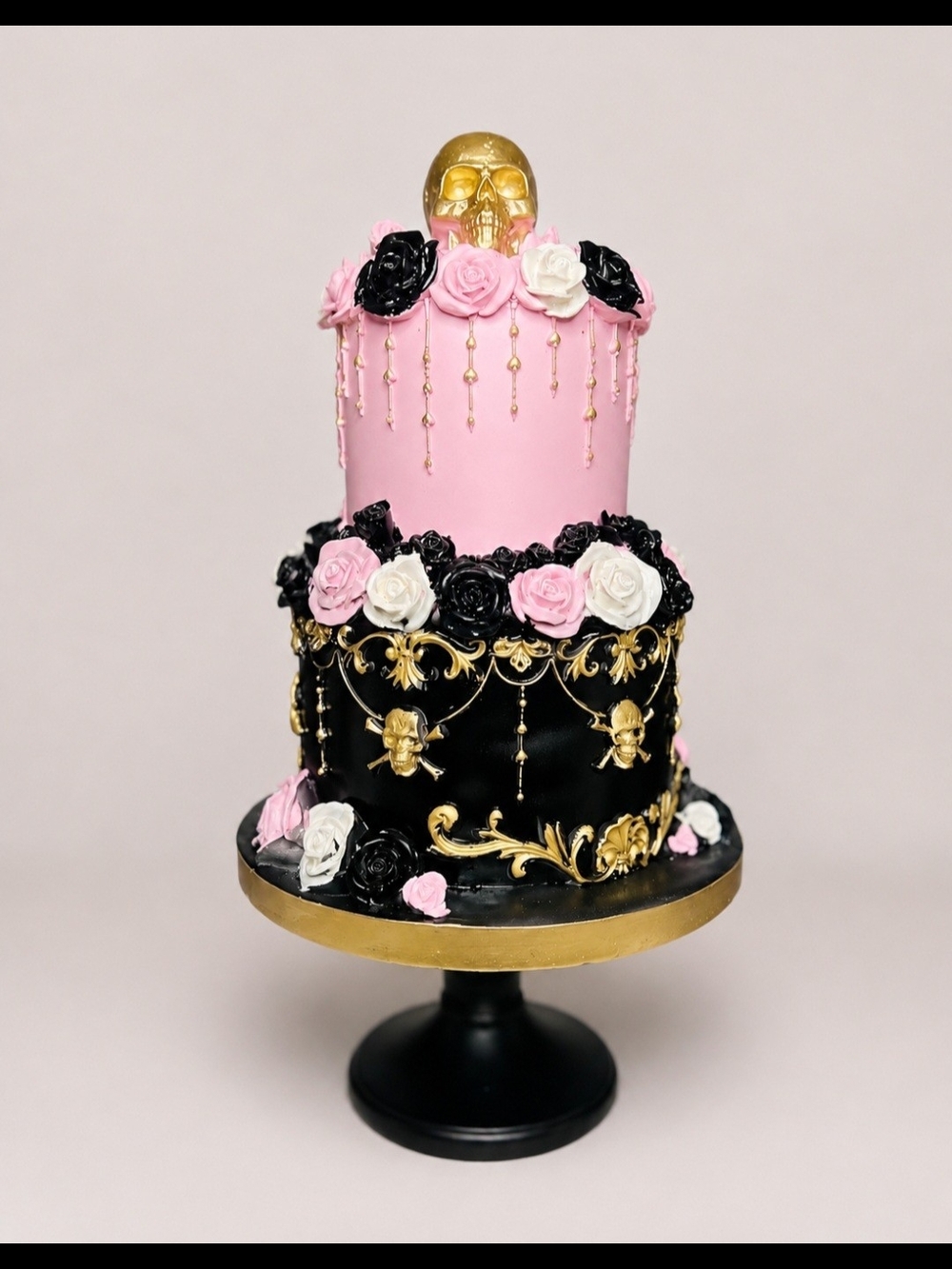 Pink and Black Gold Skull Decorative Cake Stand Accent